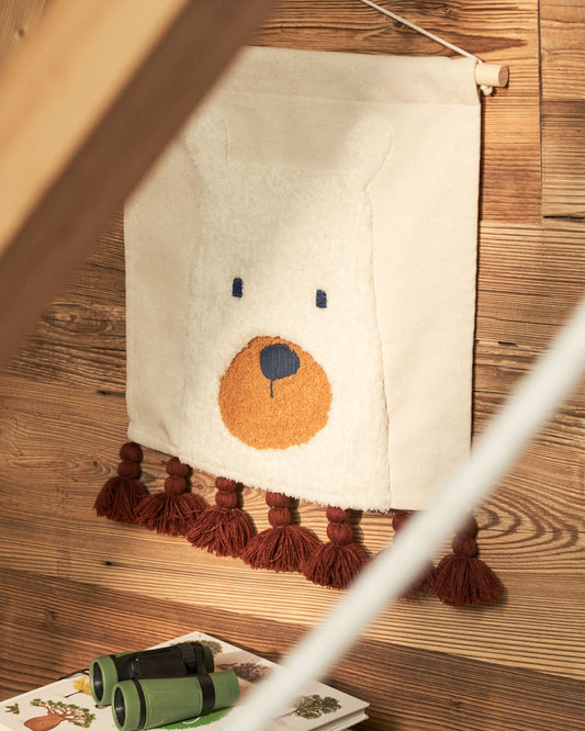 Zelda white cotton bear and tassel wall hanging with terracotta tassels, 40 x 40 cm