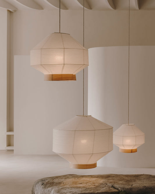 Hila ceiling lamp screen in white paper with natural wood veneer Ø 80 cm