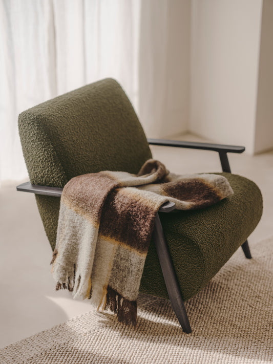 Meghan green bouclé armchairs with solid ash wood legs in a wenge finish