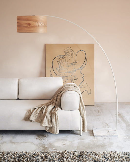 Juhe ash veneer floor lamp in white steel and marble