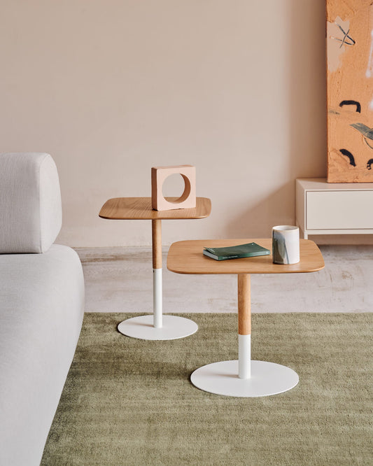 Watse set of 2 side tables in oak wood veneer and matte white metal