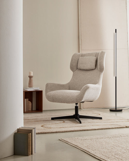 Zalina swivel armchair in beige chenille and steel with black finish