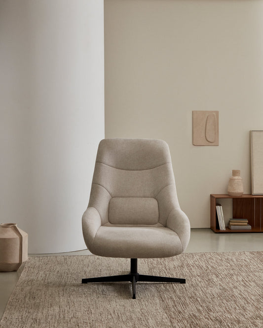 Celida swivel armchair in beige chenille and steel with black finish