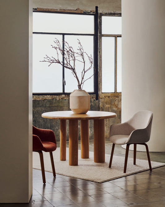 Aleli beige chenille chair with solid ash wood legs and walnut finish