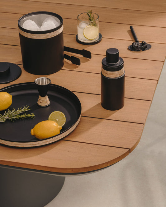 Shai set of black stainless steel and rattan cocktail utensils