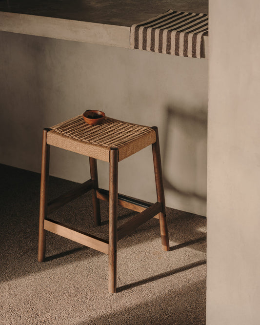 Yalia stool in solid oak wood in a walnut finish and rope cord, height 65 cm FSC 100%