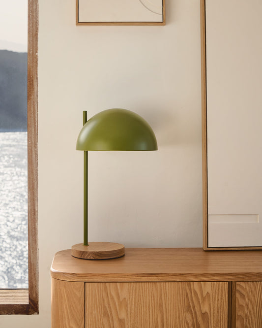 Catlar ash wood and metal table lamp in a green painted finish