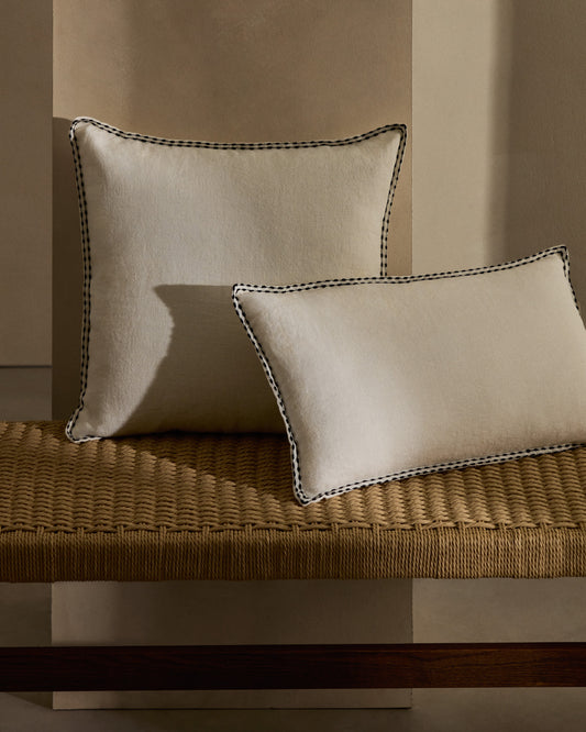 Sinet cushion cover in white linen and a black embroidery feature, 30 x 50 cm