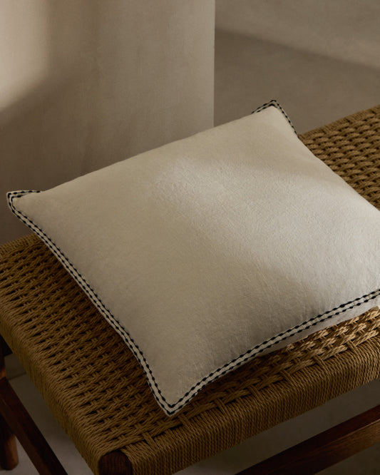 Sinet cushion cover in white linen and a black embroidery feature, 45 x 45 cm