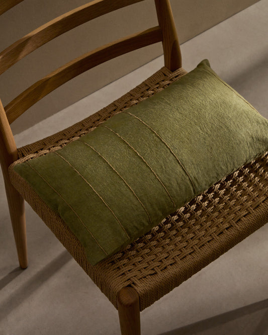 Sayema cushion cover in green linen cotton and natural jute embroidery feature, 30 x 50 cm