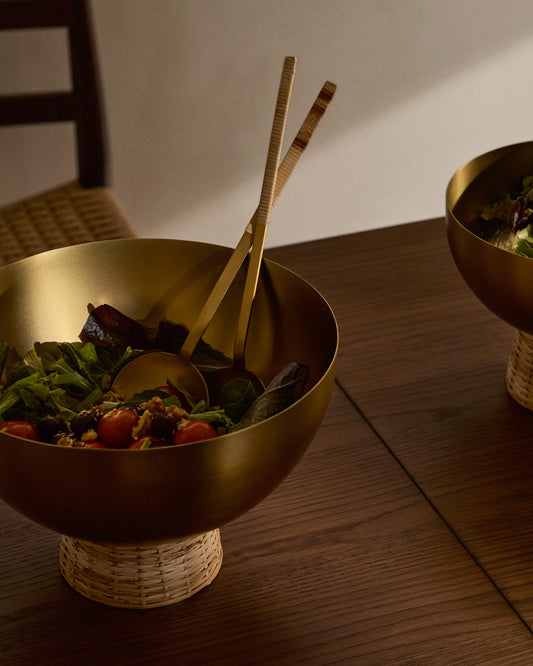 Suli large bowl made of gold-finished stainless steel and rattan