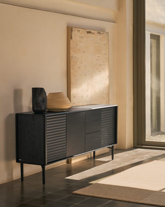 Lenon sideboard 3 doors and 3 drawers solid wood and black oak veneer 200x86cm FSC Mix Credit