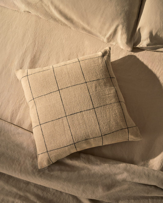 Ayame cushion cover in beige linen and cotton and a black embroidery feature, 45 x 45 cm