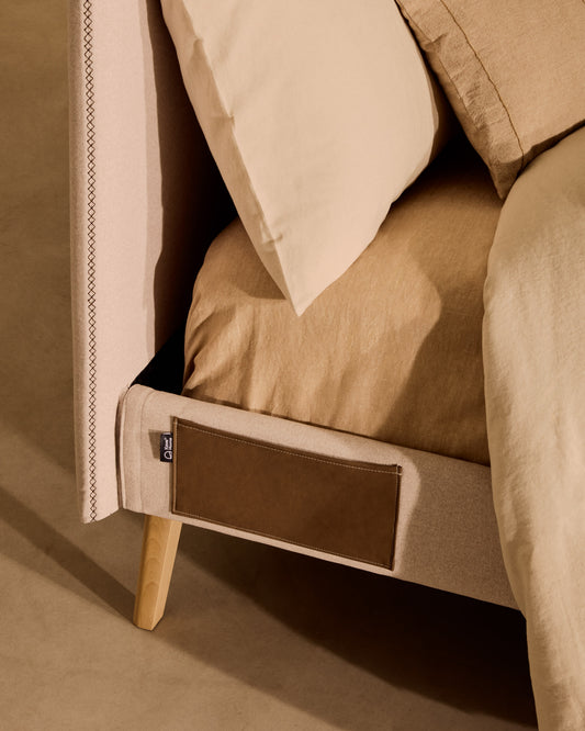 Dyla bed with removable cover in beige, with solid beech wood legs for a 160 x 200 cm mattress