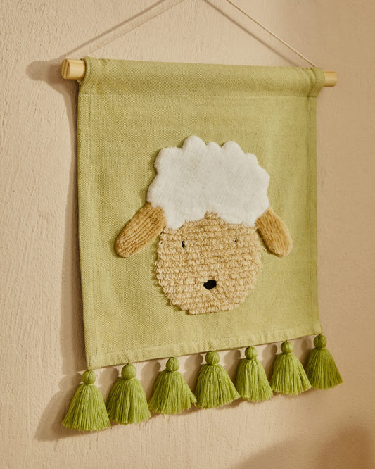 Milu wall tapestry in green cotton with a sheep and green tassels