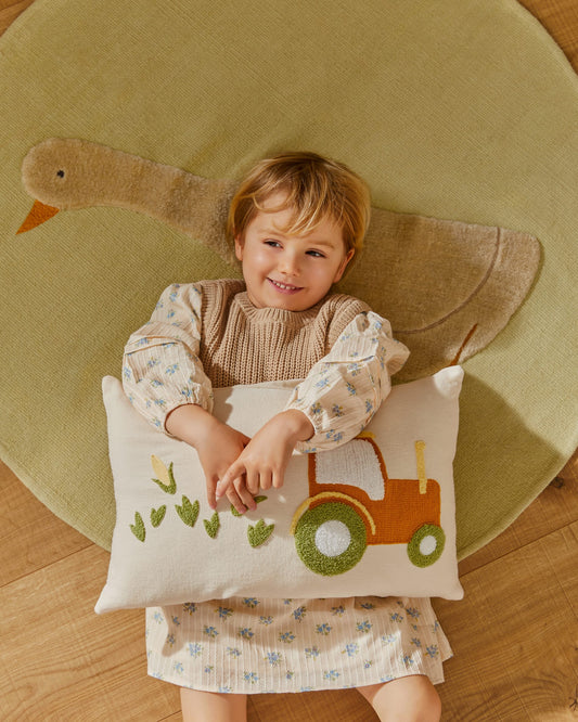 Pecky cushion cover in beige cotton with a tractor embroidery feature, 30 x 50 cm