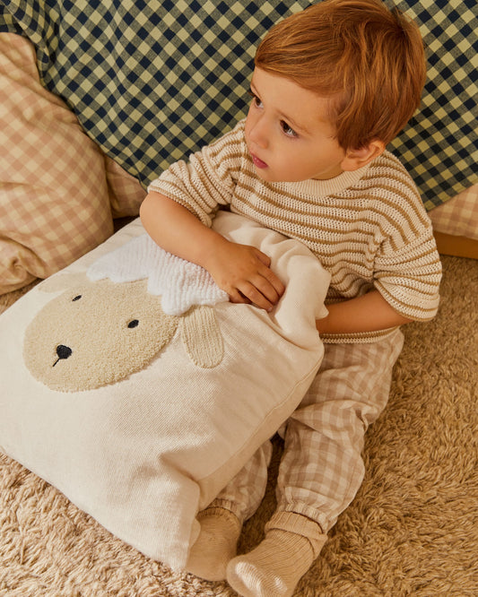 Milu cushion cover in beige cotton with a sheep embroidery feature, 45 x 45 cm