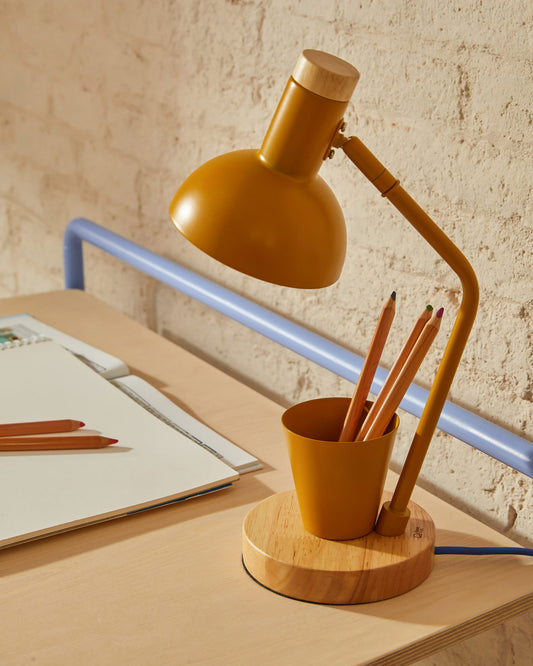 Katia desk lamp in wood and mustard metal