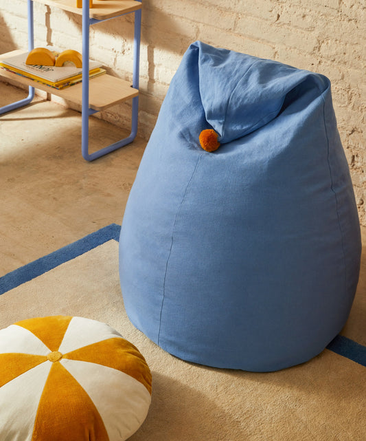 Olvi blue, cotton pouffe with mustard-coloured tassel, Ø 60 cm