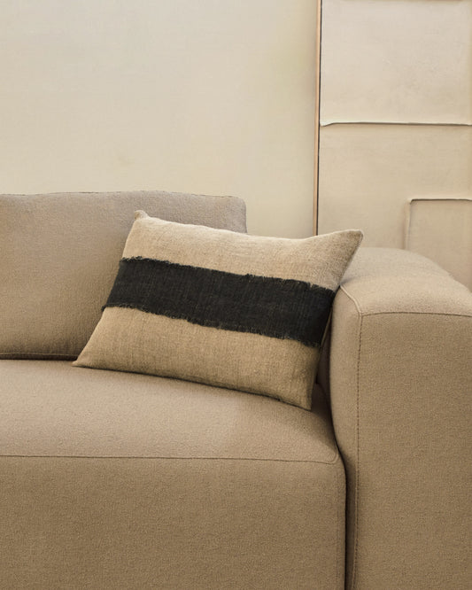 Daf 100% linen cushion cover in beige and grey with fringes, 40 x 60 cm