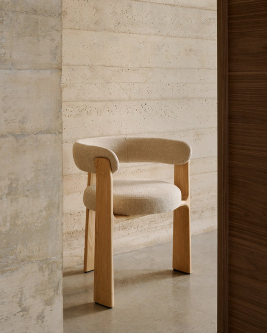 Granite 3-legged chair in beige chenille and solid ash wood in a natural tone finish FSC 100%