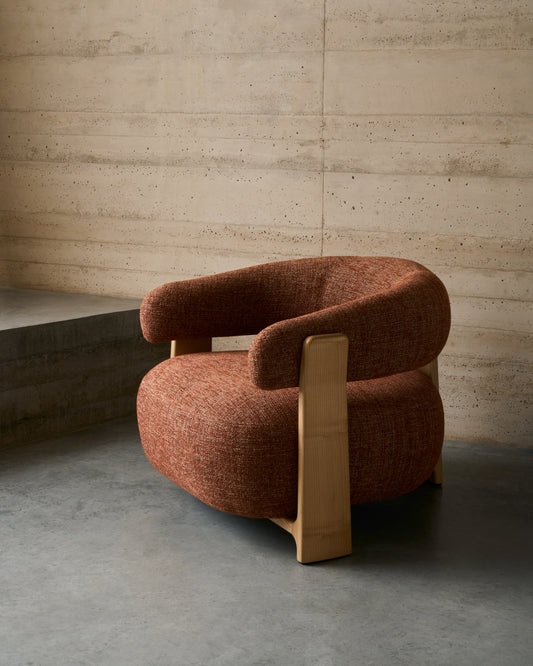 Granite fire-retardant armchair in terracotta chenille and solid ash wood with natural-coloured finish FSC 100%