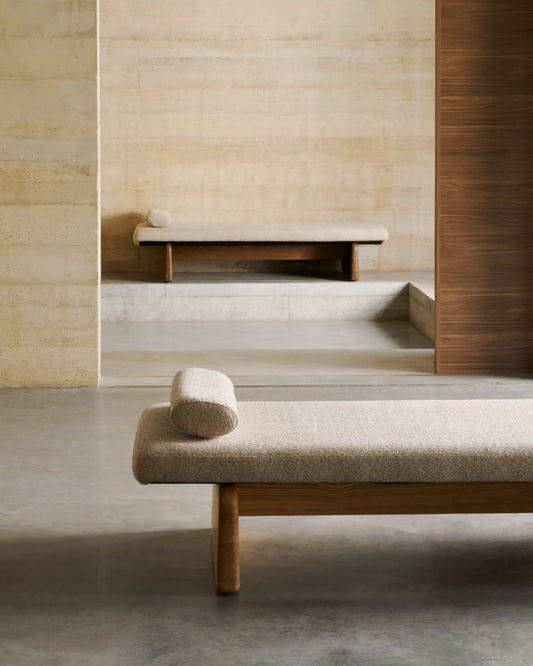 Topaz bench in beige chenille and FSC 100% solid ash wood in a natural finish, 150 cm