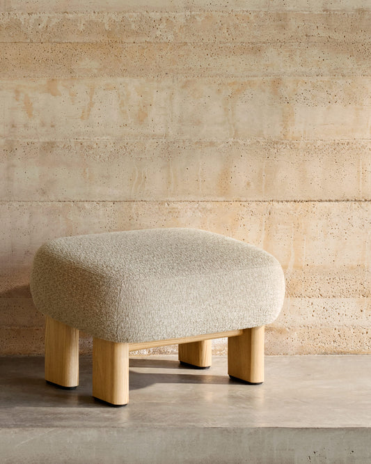 Cabana beige chenille footstool with solid ash wood legs natural finish 65x55.4 cm FSC 100%