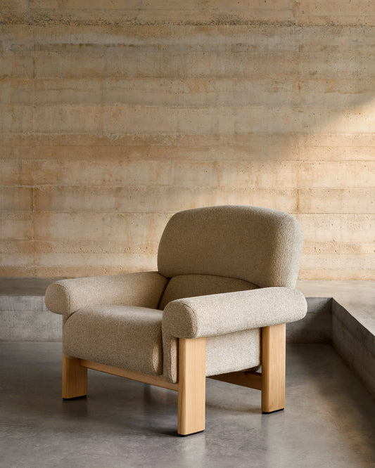 Cabana armchair in beige chenille with solid ash wood legs in a natural finish FSC 100%