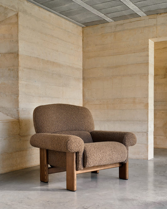 Cabana armchair in taupe bouclé with solid ash wood legs in a walnut finish FSC 100%