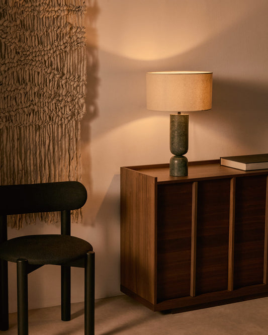 Vex table lamp in green marble with a grey linen shade