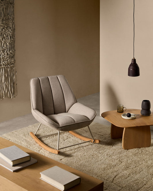 Marlina  rocking chair in beige chenille fabric and a metal structure in a grey matte paint finish