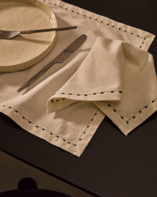 Olim set of two beige, 100% cotton napkins with black embroidery detail