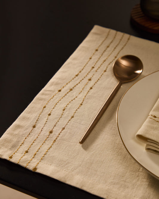 Flia set of 2 white linen and cotton table mats with gold-coloured lurex embroidered detail