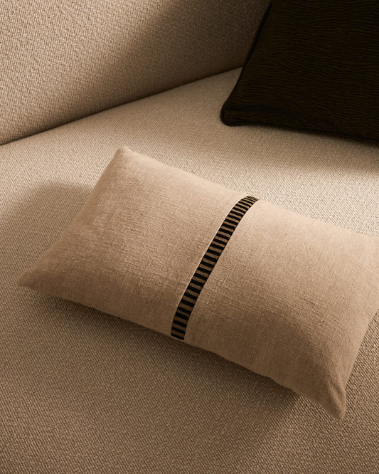 Ardit beige linen and cotton cushion cover contrasting green embroidered stripe 30 x 50 cm