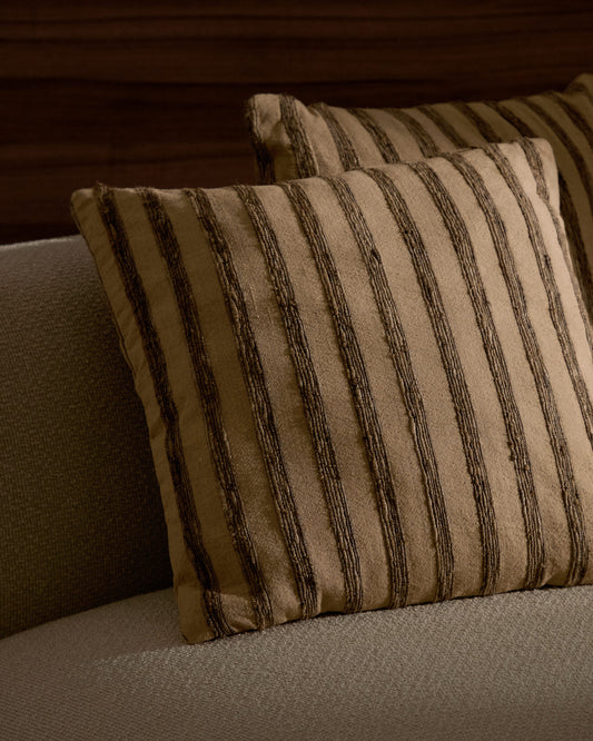 Enara cushion cover in beige and brown striped silk and cotton, 45 x 45 cm