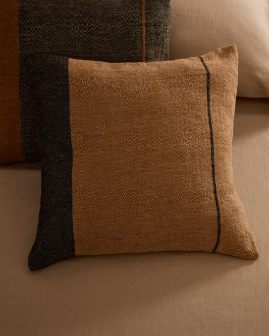 Eiko 100% terracotta linen cushion cover with vertical grey stripes, 50 x 50 cm