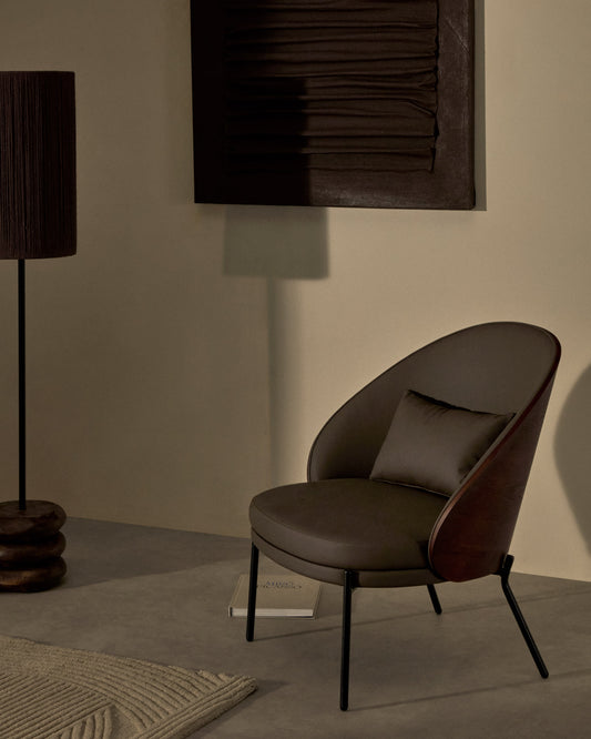 Eamy armchair in brown faux leather, ash veneer with walnut and black metal finish