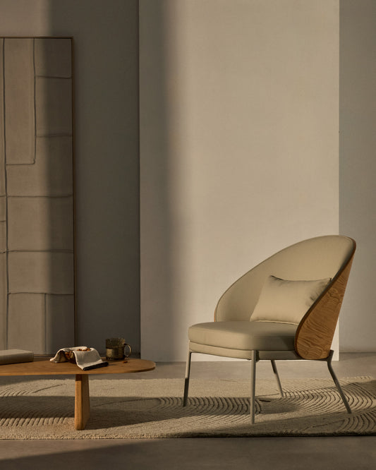 Eamy armchair in beige faux leather, ash veneer with natural finish and beige metal