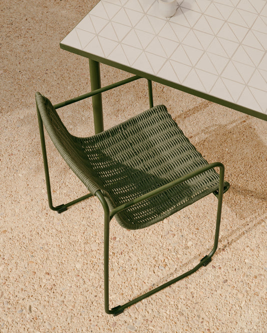 Maurina stackable chair in green galvanised steel and green rope cord