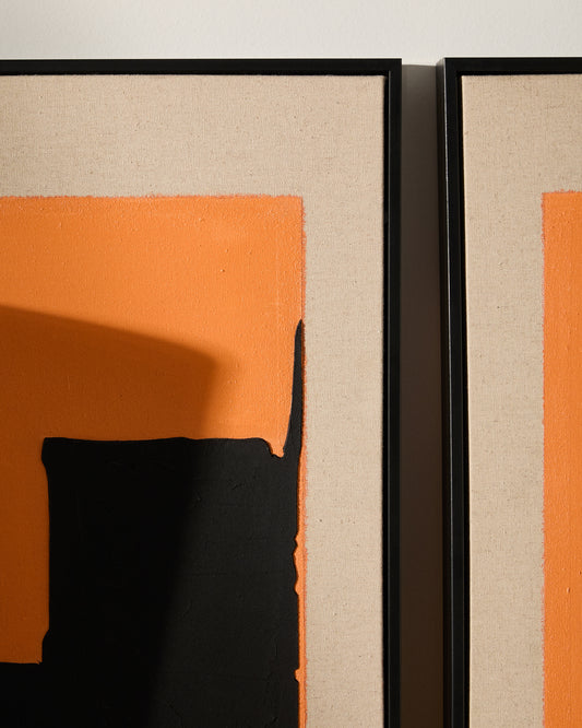 Zernu hand-painted orange and black in linen abstract picture 42 x 65cm