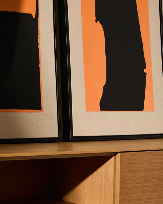 Zernu hand-painted orange and black with linen abstract picture 42 x 65cm