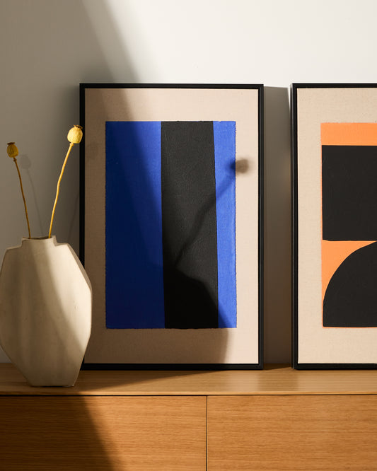 Zernu hand-painted blue and black vertical line abstract picture 42 x 65cm