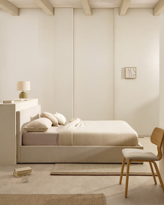 Nahiri beige chenille lift-up storage bed for a 180 x 200 cm mattress