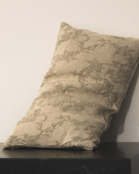 Velina cushion cover in beige washed linen jacquard with floral design 30 x 50 cm