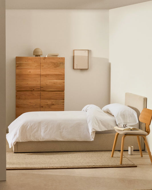 Nahiri beige chenille lift-up storage bed for a 90 x 200 cm mattress