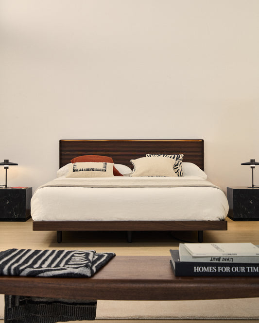 Norlen bed in walnut veneer with dark finish and LED light for 180 x 200 cm mattress FSC Mix Credit