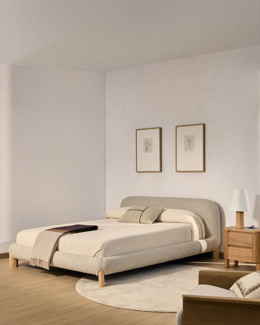 Odina ecru bouclé bed with removable cover and solid ash wood legs with natural finish for 160 x 200cm mattress