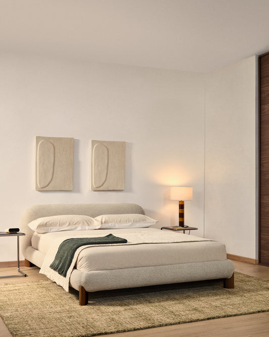 Odina ecru bouclé bed with removable cover and solid ash wood legs with walnut finish for 180 x 200cm mattress