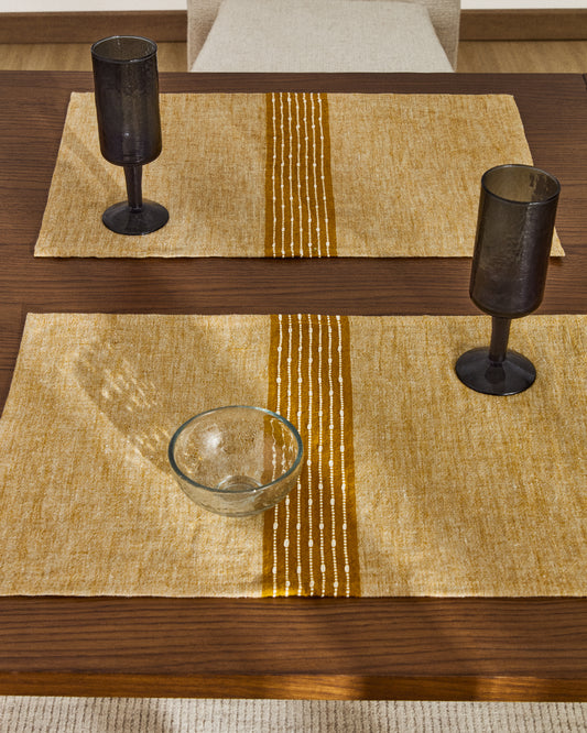 Calena set of 2 placemats linen jacquard with mustard central stripe 35 x 50 cm